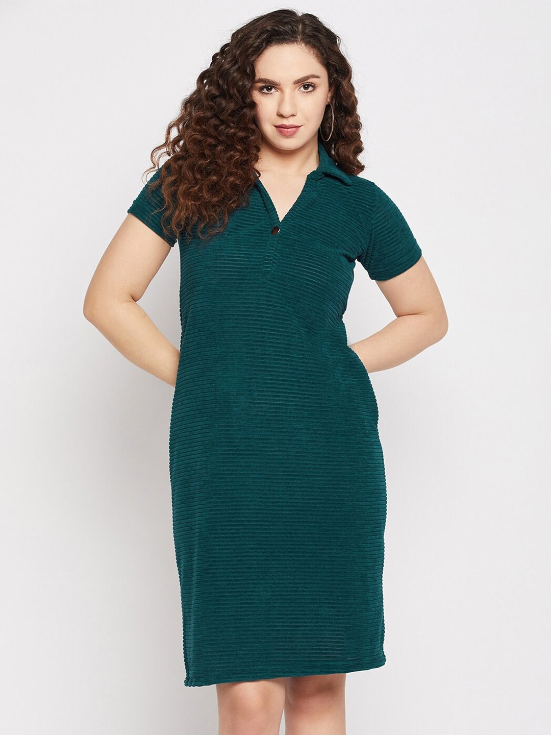 

Club York Self Design Shirt Collar Sheath Dress, Green