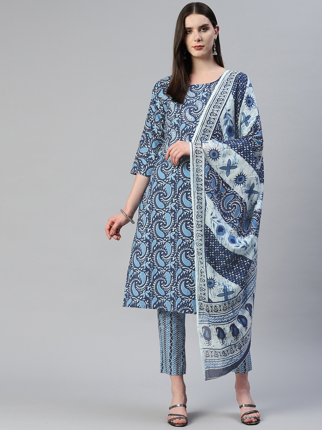 

KALINI Ethnic Motifs Printed Panelled Pure Cotton Kurta with Trousers & With Dupatta, Blue