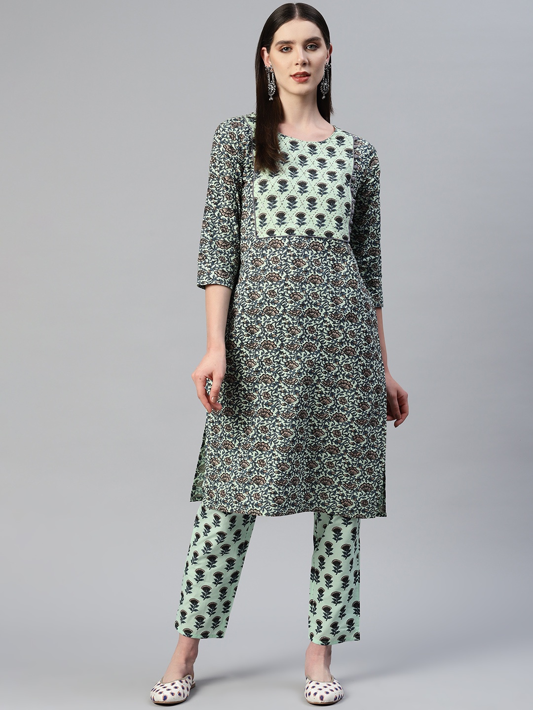 

KALINI Floral Printed Sequinned Pure Cotton Kurta with Trousers, Sea green
