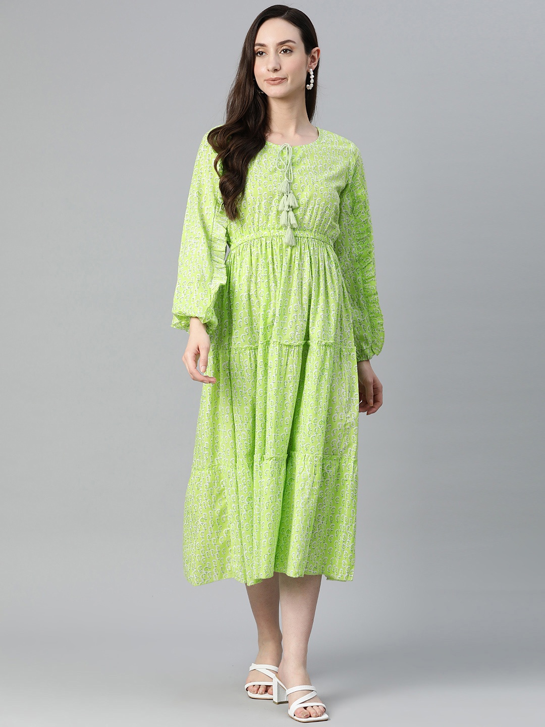 

KALINI Ethnic Motifs Tie-Up Neck A-Line Cotton Midi Dress, Green