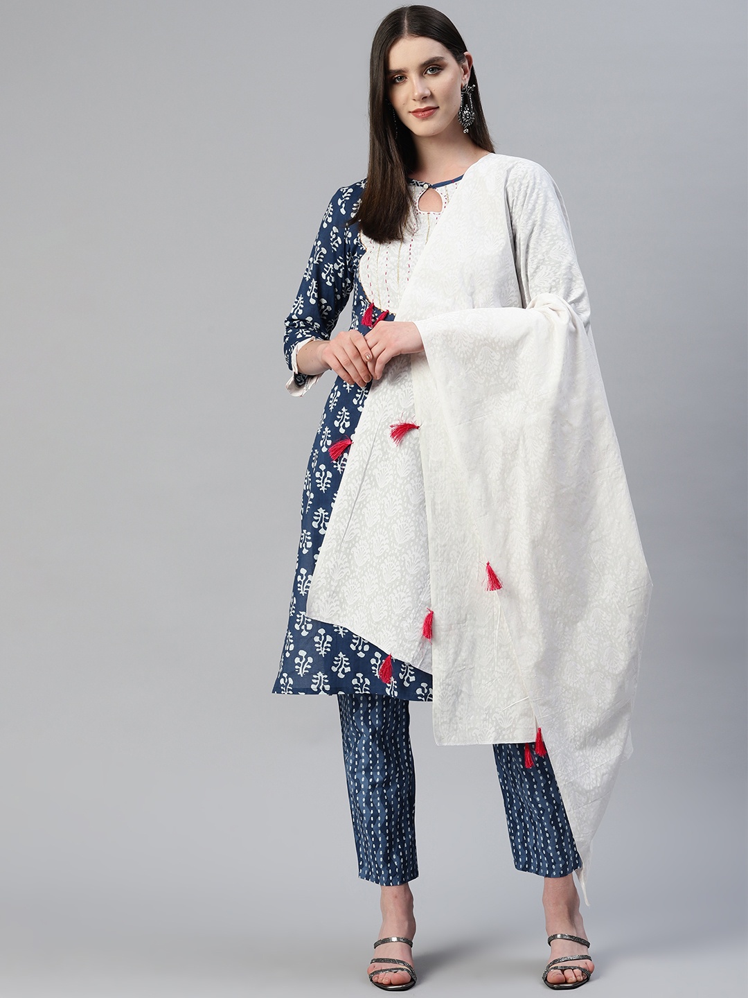 

KALINI Yoke Design Kantha Work Pure Cotton Kurta with Trousers & With Dupatta, Blue