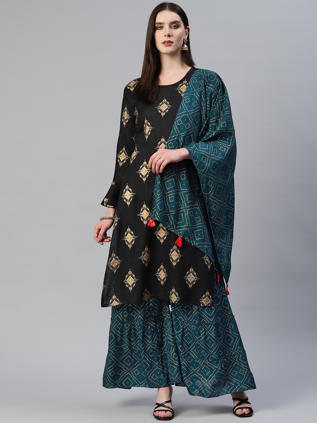 

KALINI Ethnic Motifs Printed Kurta with Sharara & With Dupatta, Black