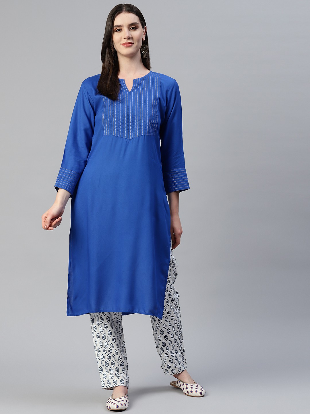 

KALINI Yoke Design Empire Thread Work Kurta with Trousers, Blue