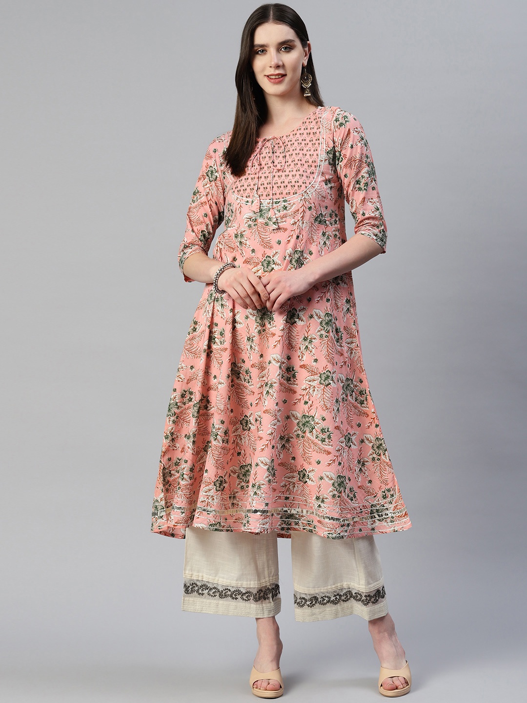 

KALINI Floral Printed Gotta Patti Cotton Anarkali Kurta, Peach