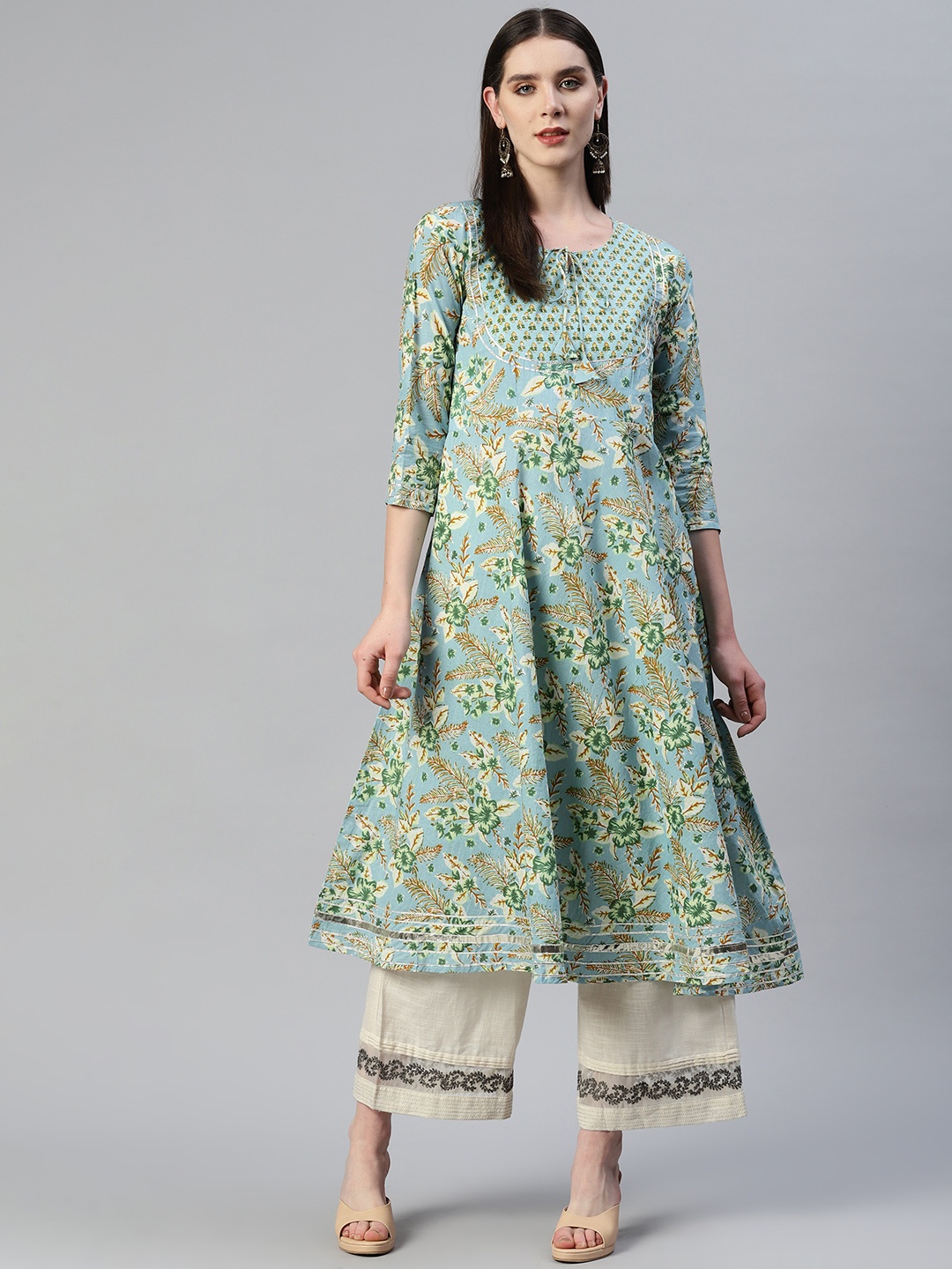 

KALINI Floral Printed Gotta Patti Cotton Anarkali Kurta, Green