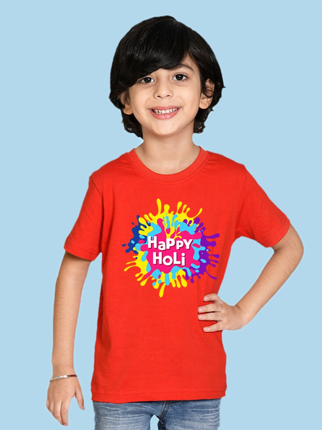 

NUSYL Boys Round Neck Holi Printed T-shirt, Red