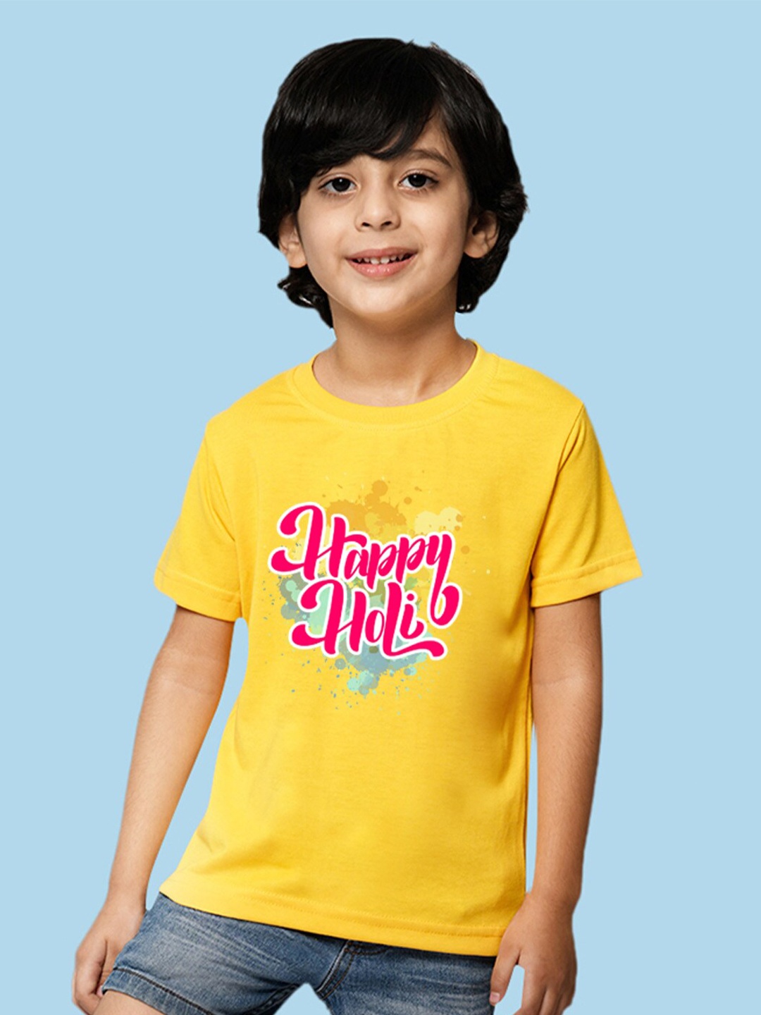 

NUSYL Boys Typography Printed Cotton Holi T-shirt, Yellow
