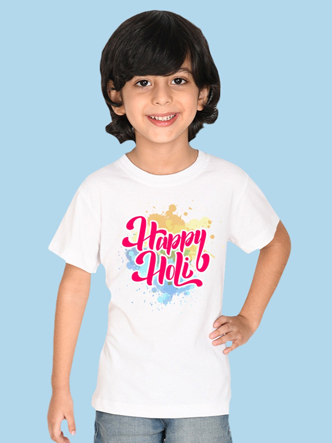 

NUSYL Boys Round Neck Holi Printed T-shirt, White