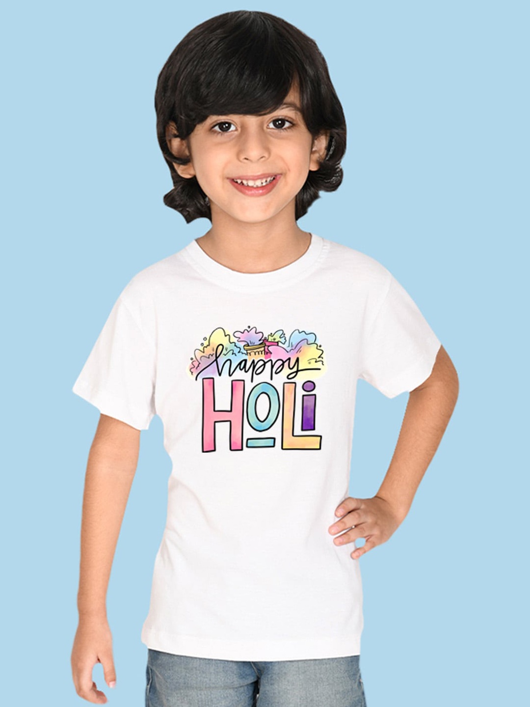 

NUSYL Boys Round Neck Holi Printed T-shirt, White