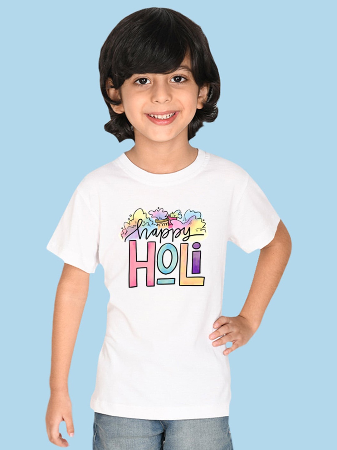 

NUSYL Boys Typography Printed Holi T-shirt, White