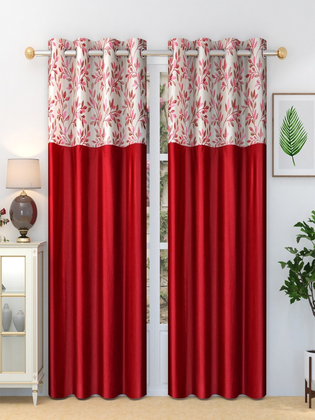 

Homefab India Stylish Fern Maroon & White 2 Pieces Floral Printed Long Door Curtain