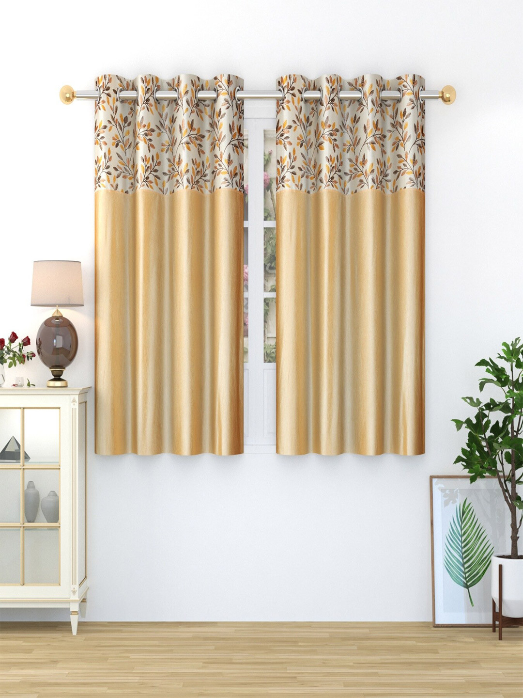 

Homefab India Beige & White 2 Pieces Floral Printed Window Curtains