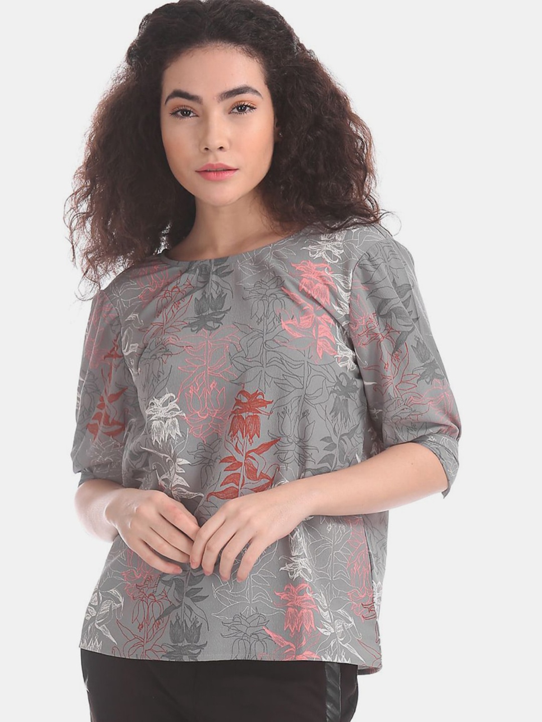 

V-Mart Floral Printed Puff Sleeves Regular Top, Grey