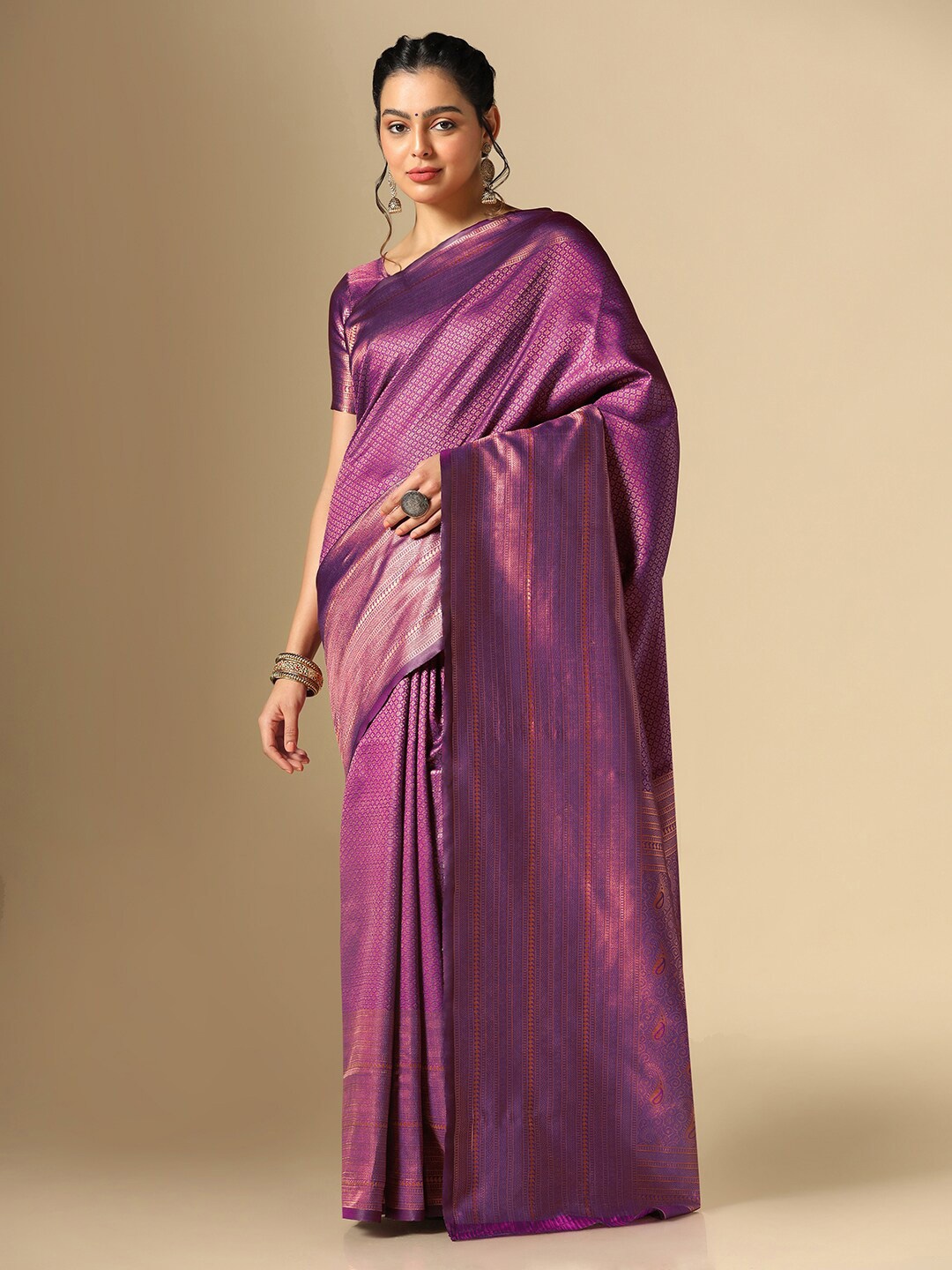 

Mitera Ethnic Motifs Woven Design Zari Banarasi Saree, Purple