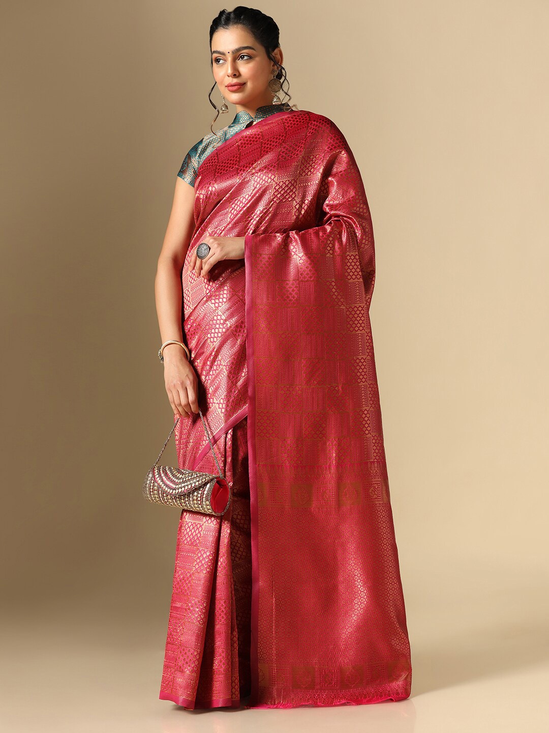 

Mitera Ethnic Motifs Woven Design Zari Banarasi Saree, Pink
