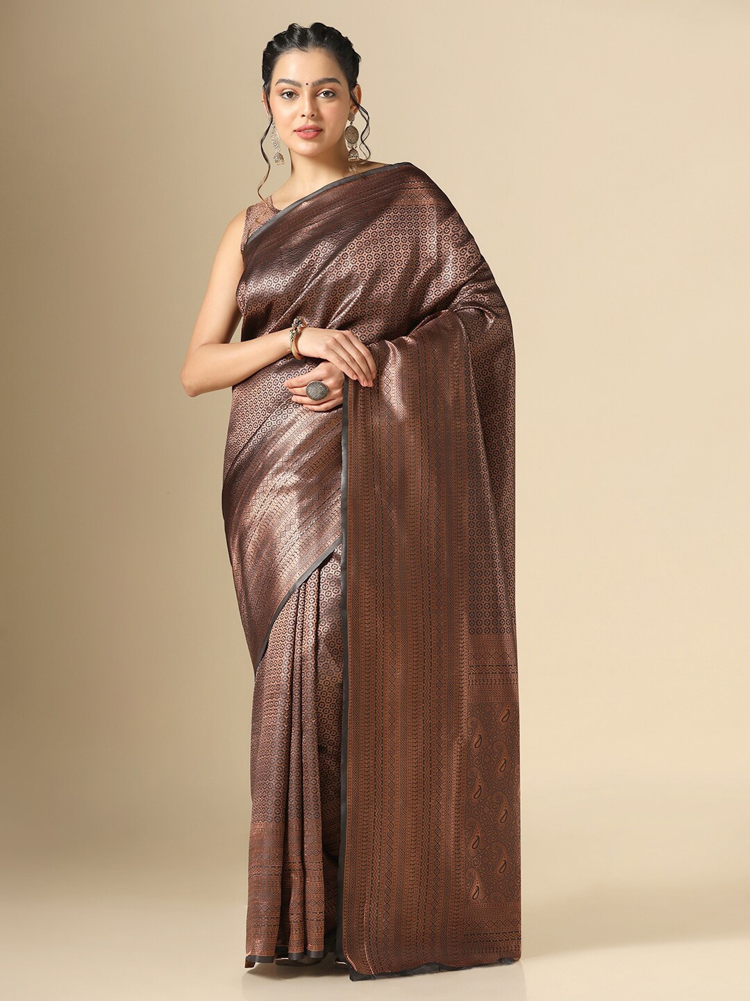 

Mitera Geometric Woven Design Zari Banarasi Saree, Brown