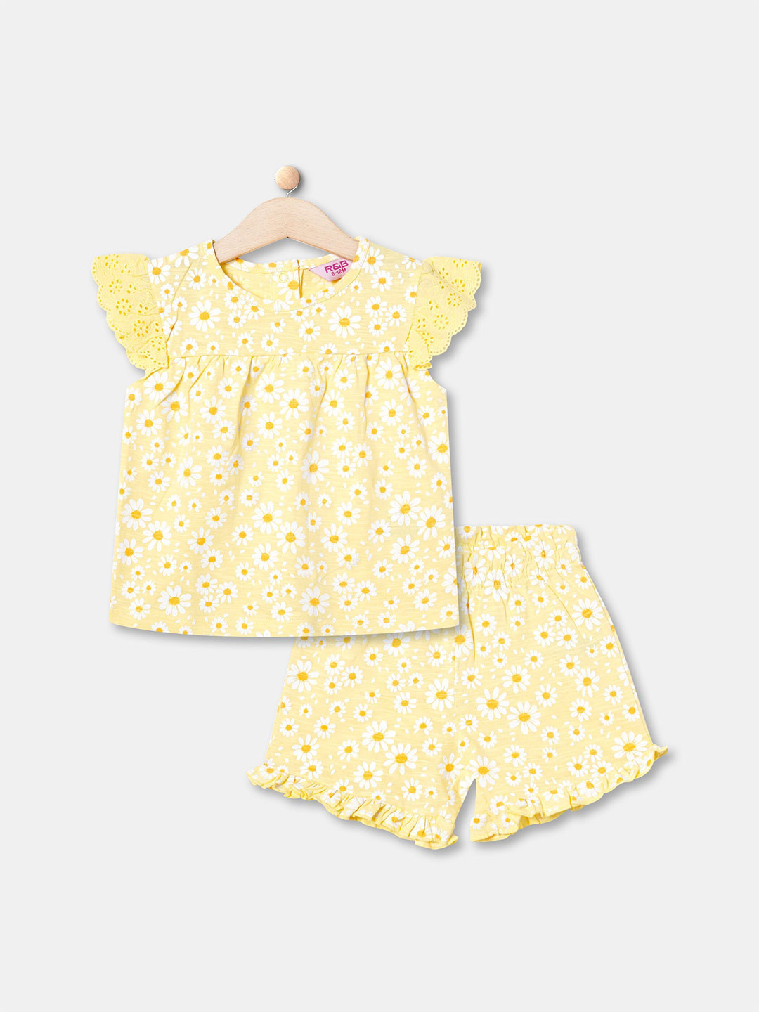

R&B Infant Girls Floral Printed Laced Pure Cotton Top with Shorts, Yellow