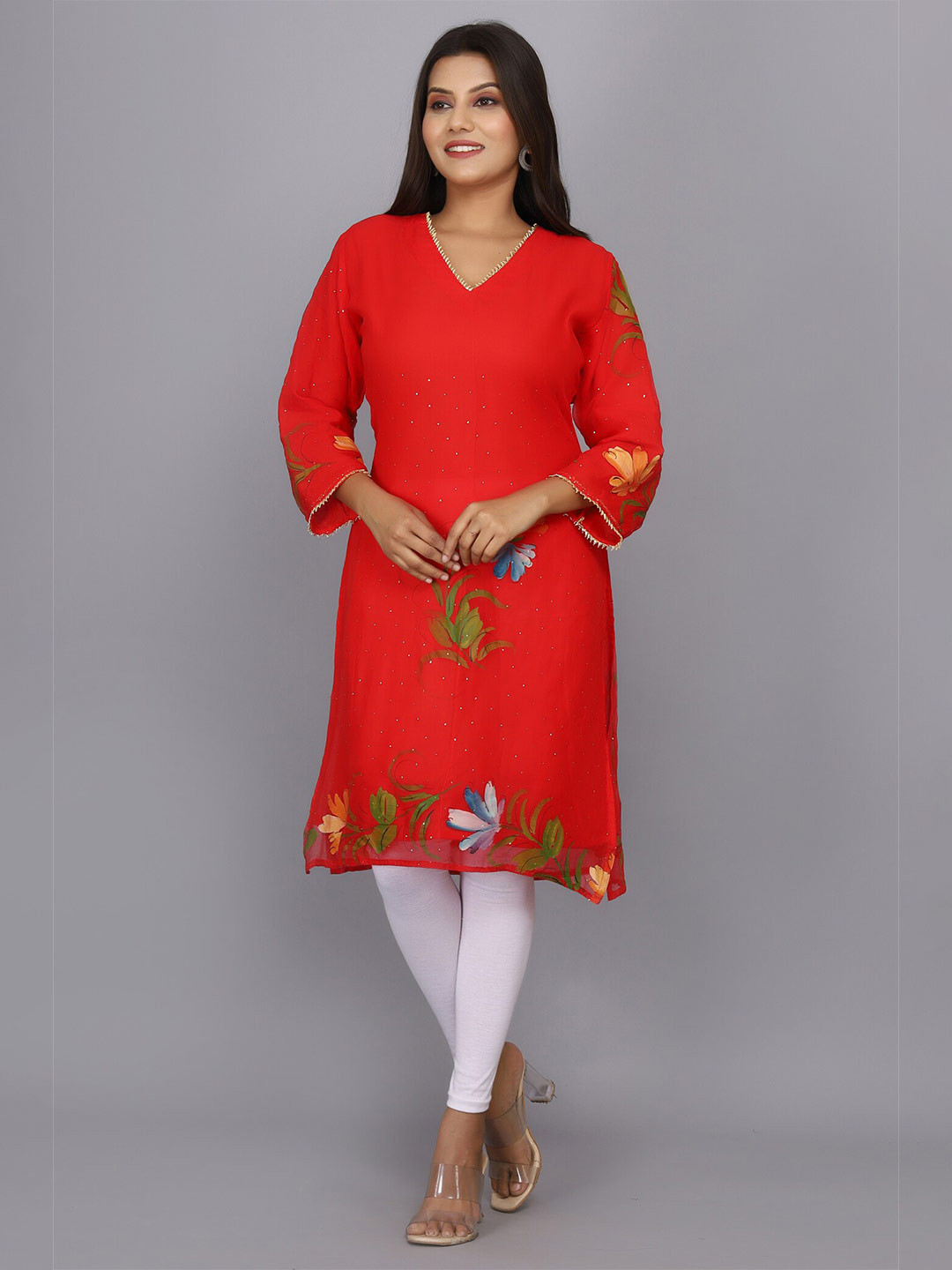 

Geroo Jaipur Floral Printed V-Neck Gotta Patti Chiffon Kurta, Red