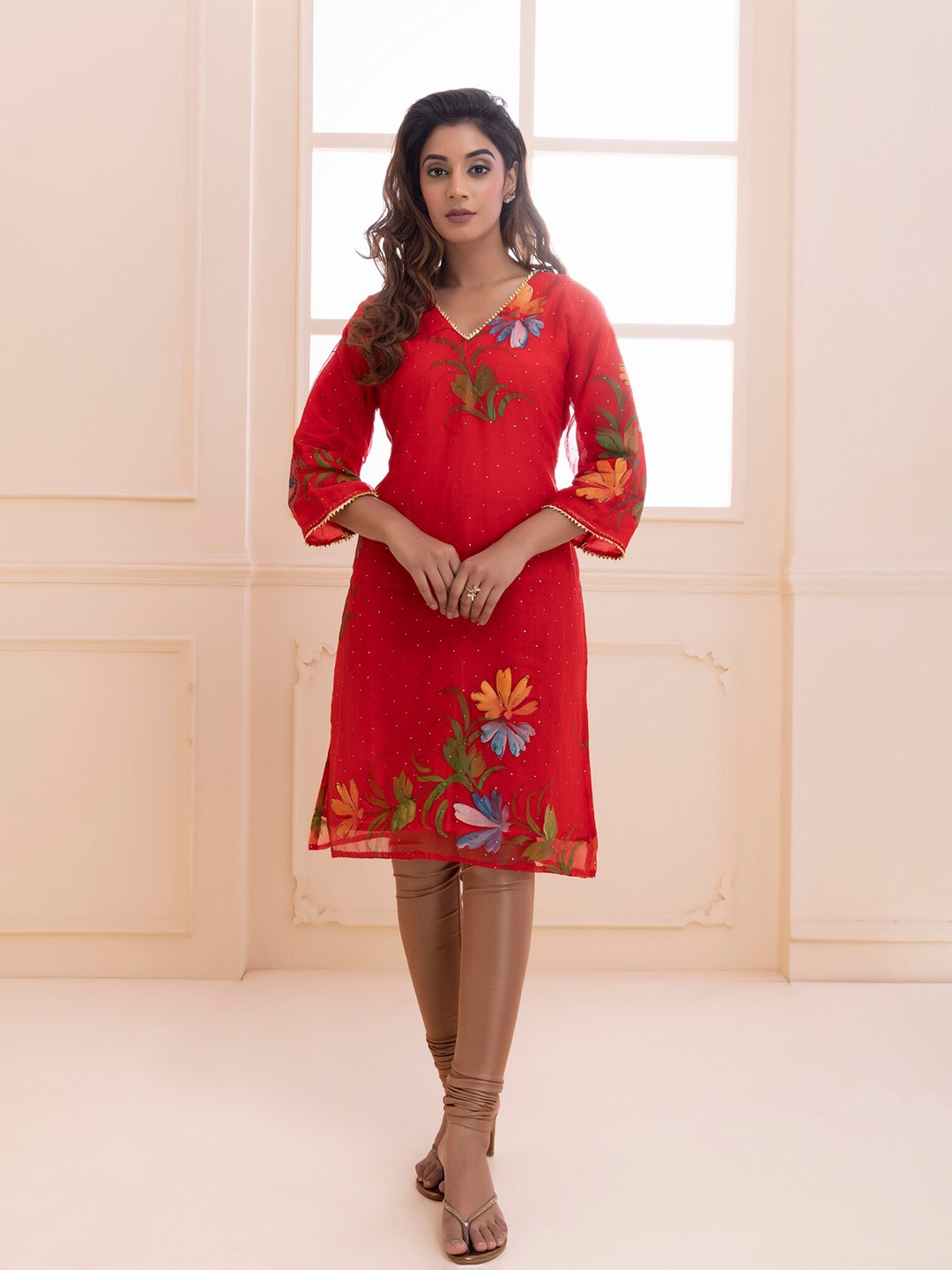 

Geroo Jaipur Floral Printed Beads & Stone Chiffon Straight Kurta, Red