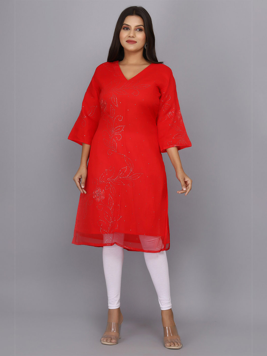 

Geroo Jaipur Embellished V-Neck Beads and Stones Chiffon Kurta, Red