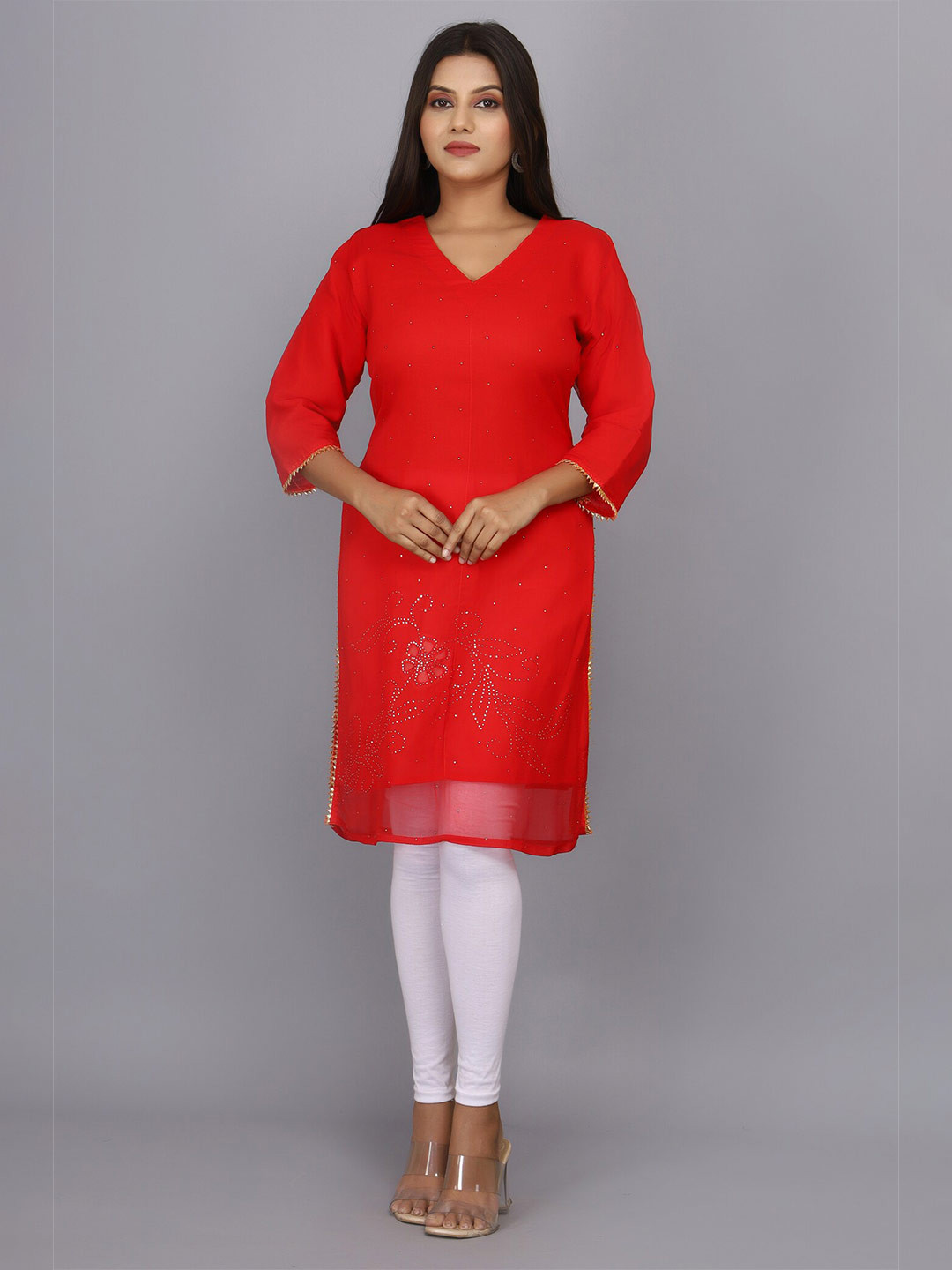 

Geroo Jaipur Floral Embroidered V-Neck Mukaish Kurti, Red
