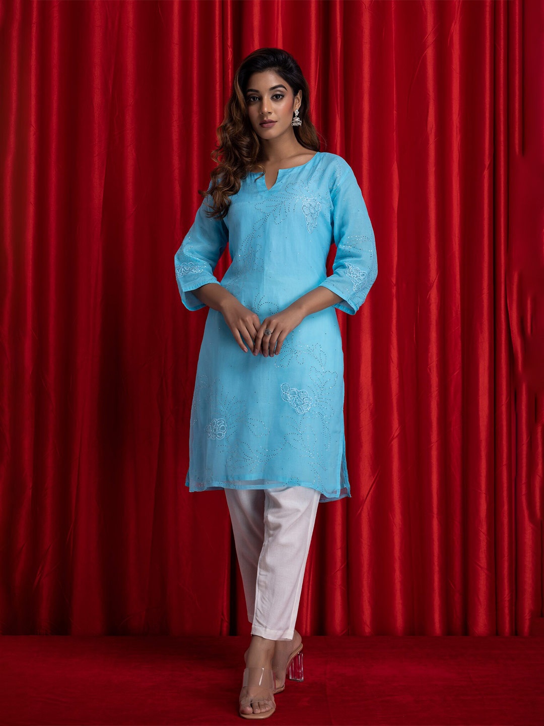 

Geroo Jaipur Sequins Embellished Chiffon Straight Kurta, Turquoise blue