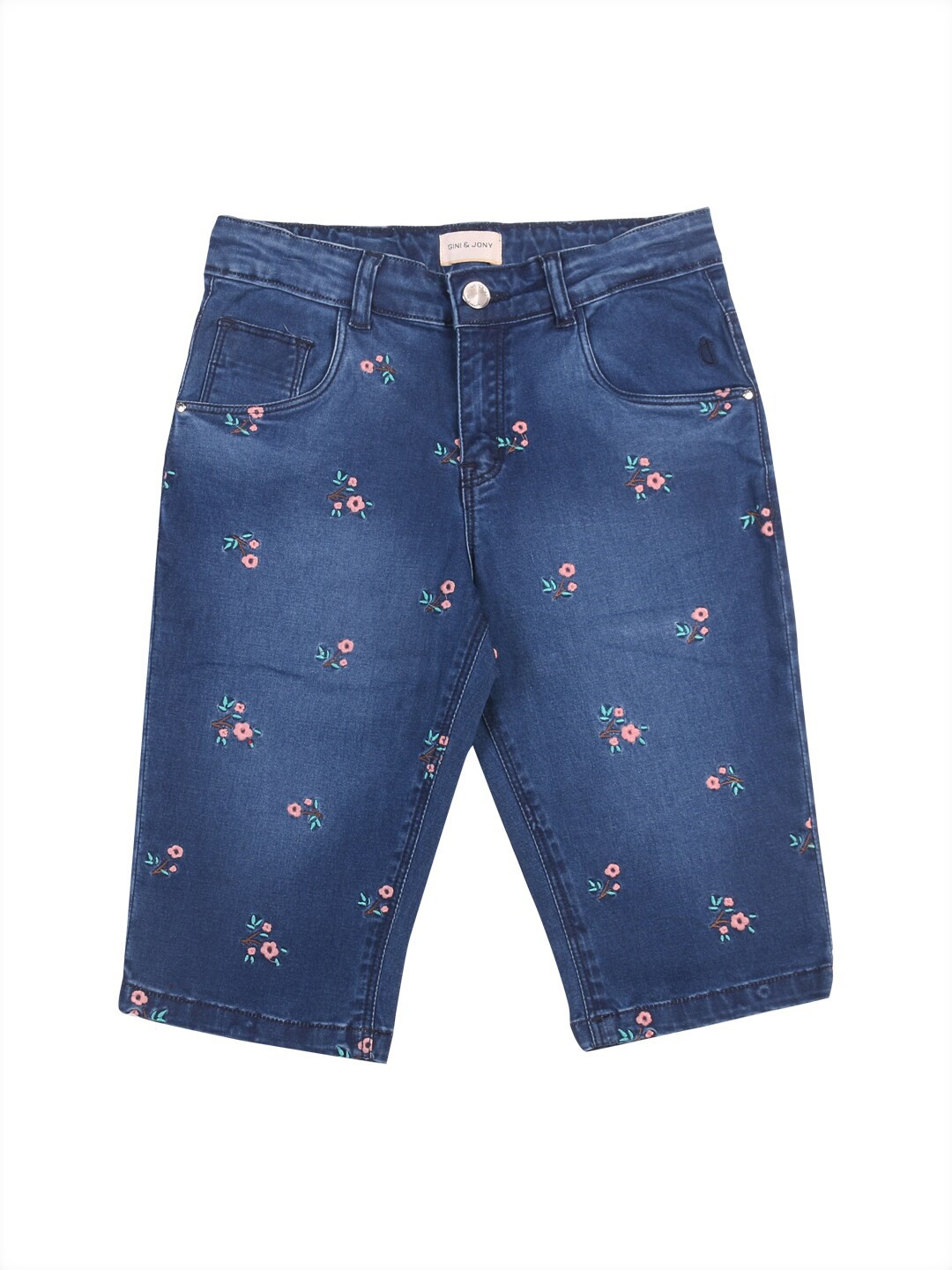 

Gini and Jony Girls Floral Printed Cotton Regular Fit Mid-Rise Capris, Blue