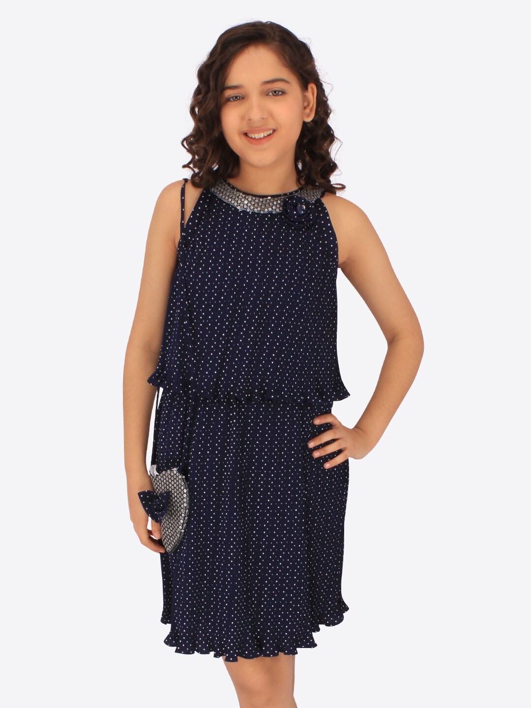 

CUTECUMBER Girls Polka Dots Printed Georgette A-Line Dress, Navy blue