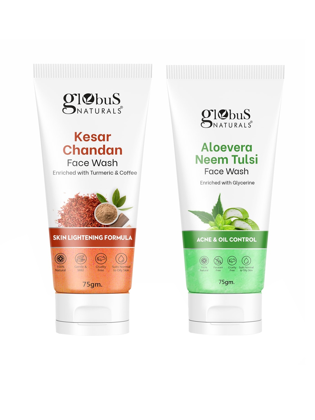 

Globus naturals Set Of 2 Brightening & Anti Acne Aloe Vera Neem Tulsi & Kesar Chandan Face Wash - 75 gm Each, White