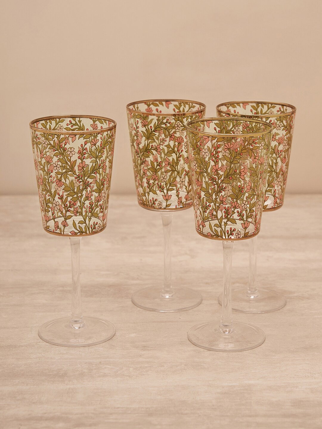 

Pure Home and Living Pink & Green 4 Pieces Floral Printed With Real Gold Rim Wine Glasses