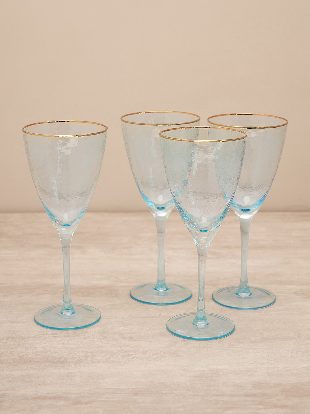 

Pure Home and Living Blue 4 Pieces Real Gold Rim Hammered Wine Glasses