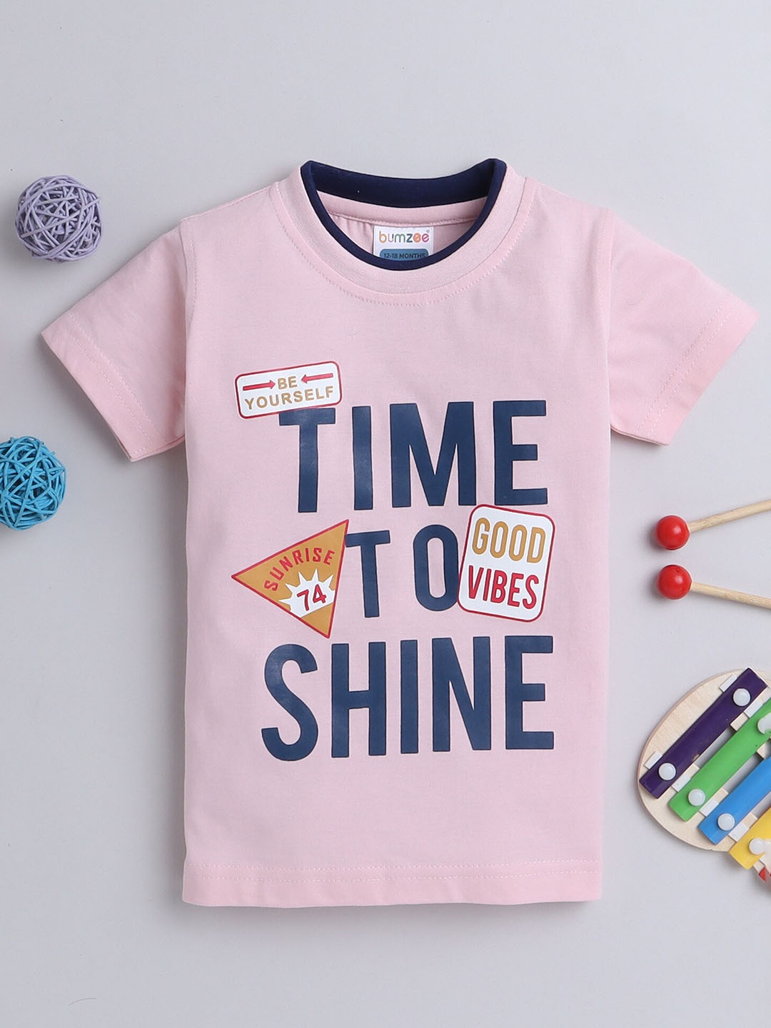 

BUMZEE Boys Typography Printed Cotton T-shirt, Pink