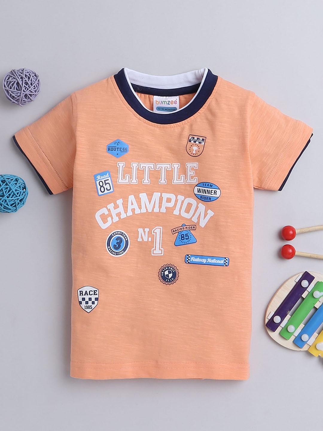 BUMZEE Boys Typography Printed Cotton T-shirt, Orange