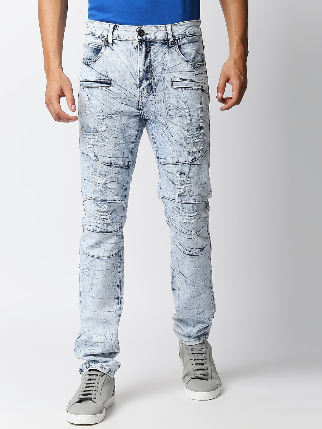

WAIMEA Men Slim Fit Mildly Distressed Heavy Fade Stretchable Cotton Jeans, Blue