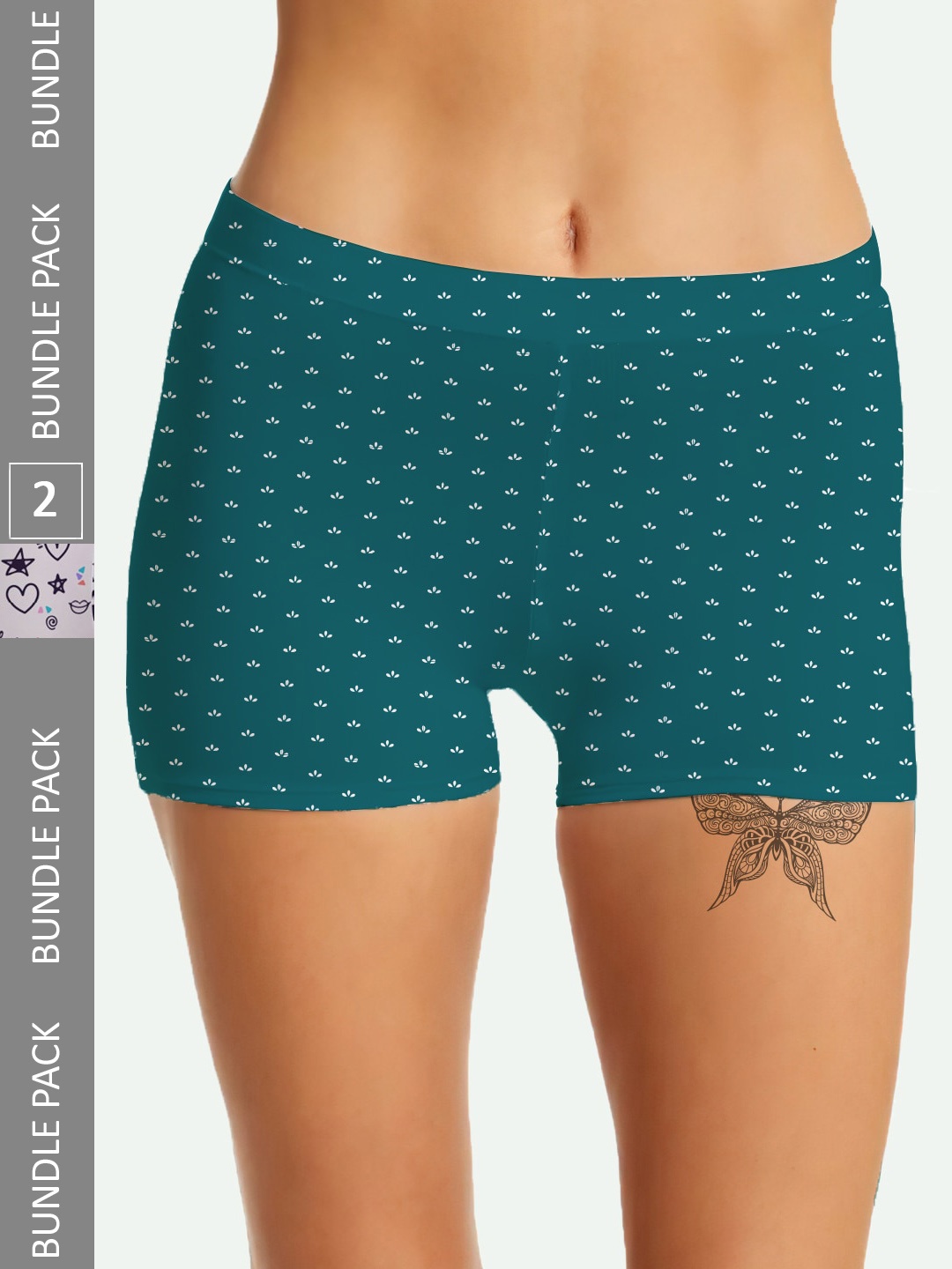 

mezmoda Women Pack of 2 Printed Anti-Microbial Ultra Soft Boy Shorts 2-MZWBX2-106, Teal