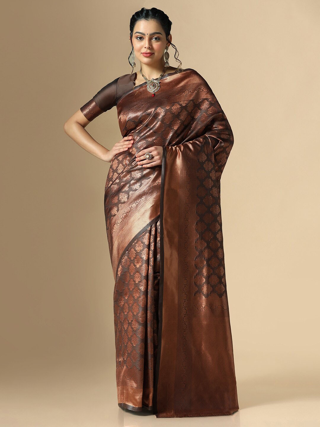 

Mitera Ethnic Motifs Woven Design Zari Banarasi Saree, Brown