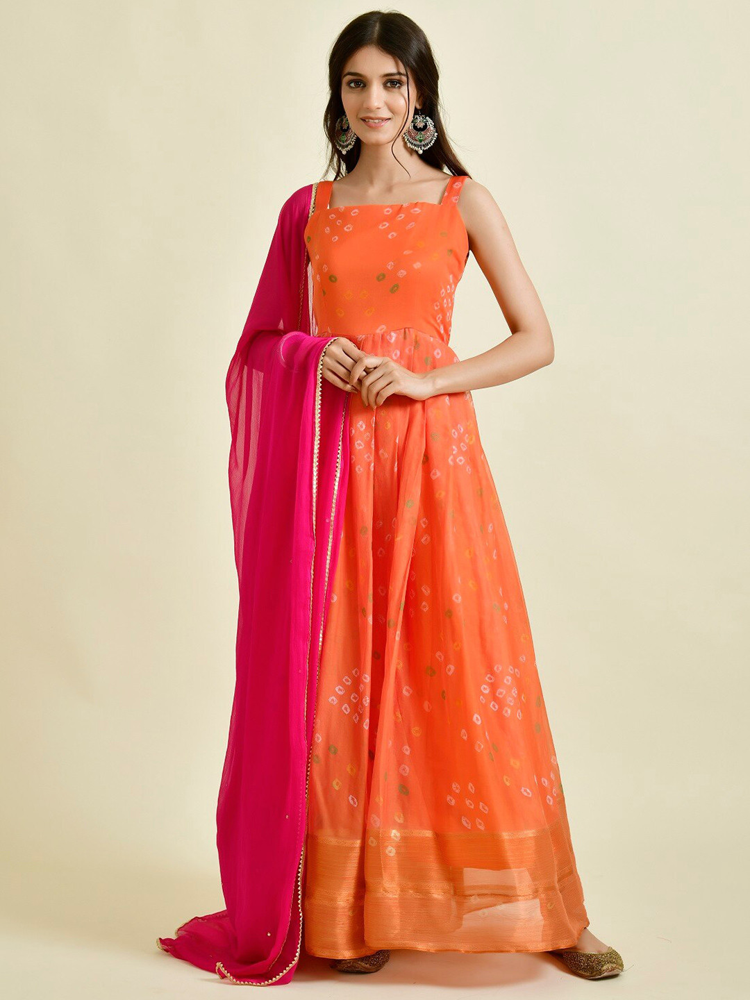 

Rangpur Orange Embellished Chiffon Maxi Ethnic Dress