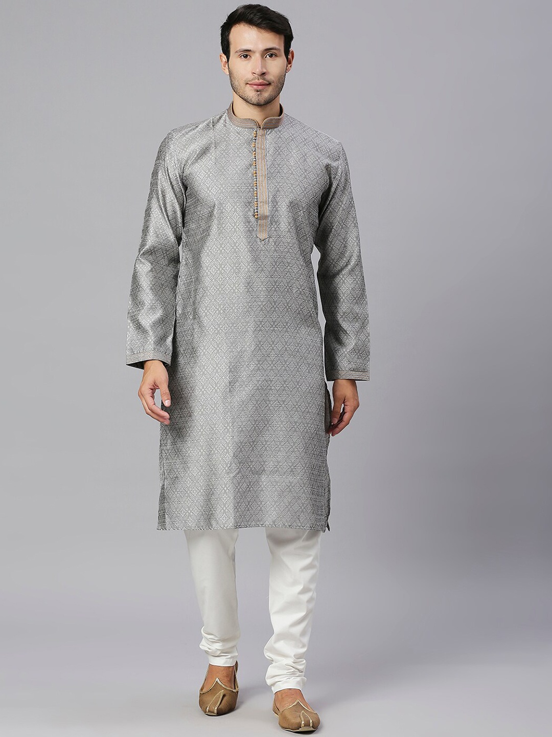 

RAJUBHAI HARGOVINDAS Ethnic Motifs Woven Design Kurta with Churidar, Grey