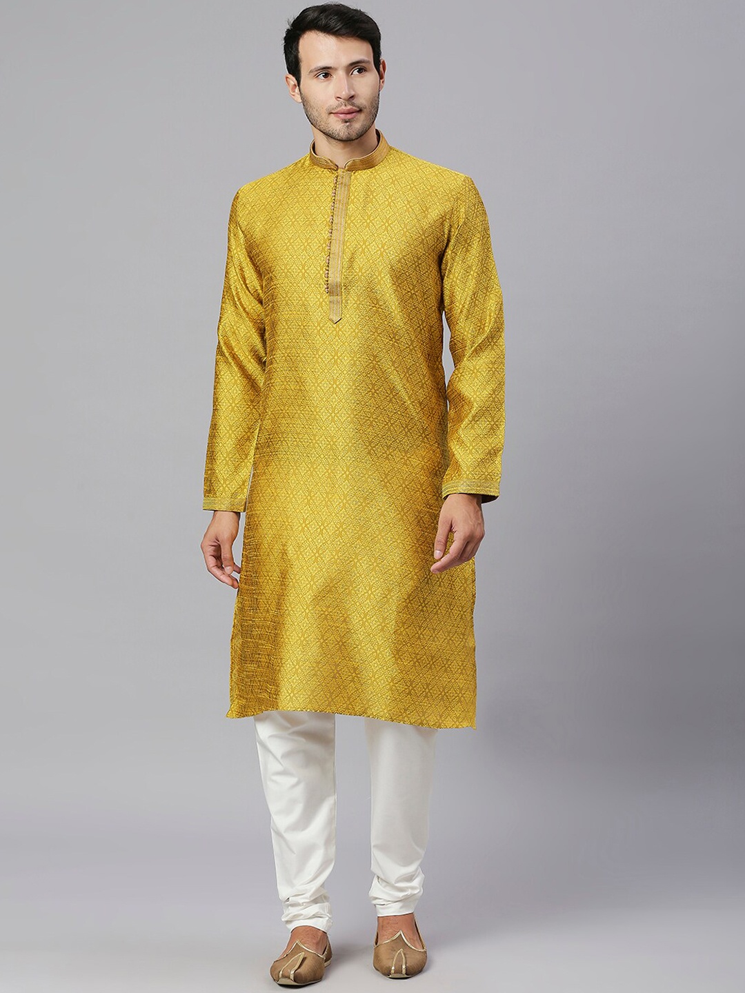 

RAJUBHAI HARGOVINDAS Men Ethnic Motifs Kurta with Churidar, Mustard