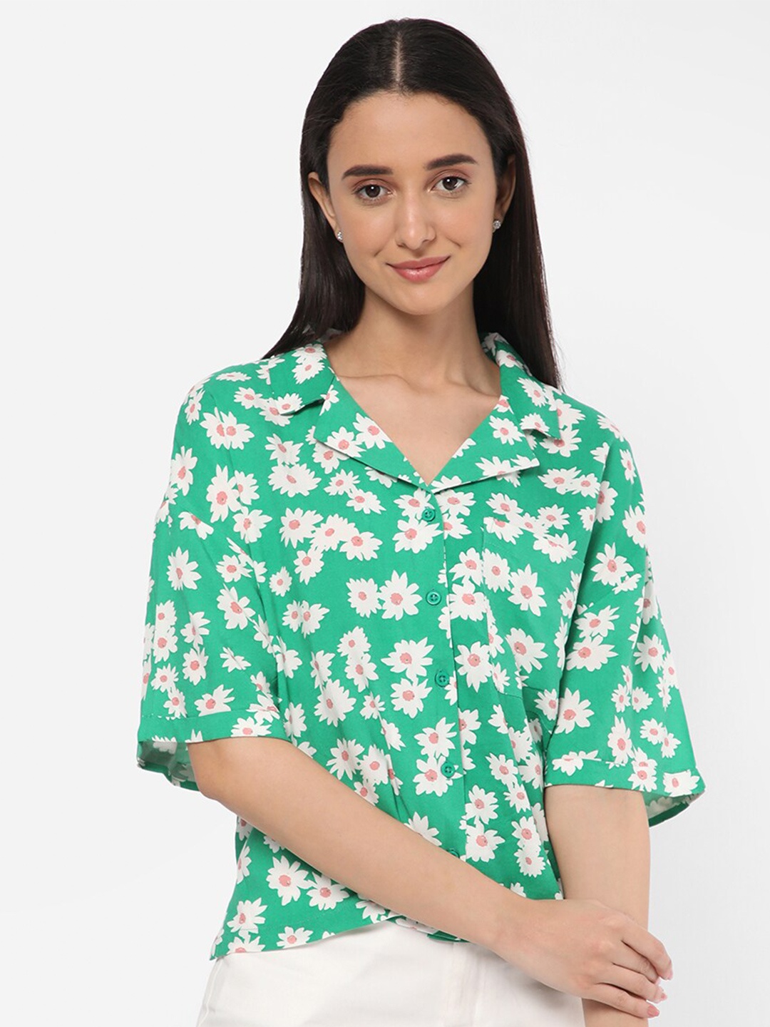 

R&B Floral Print Shirt Style Top, Green