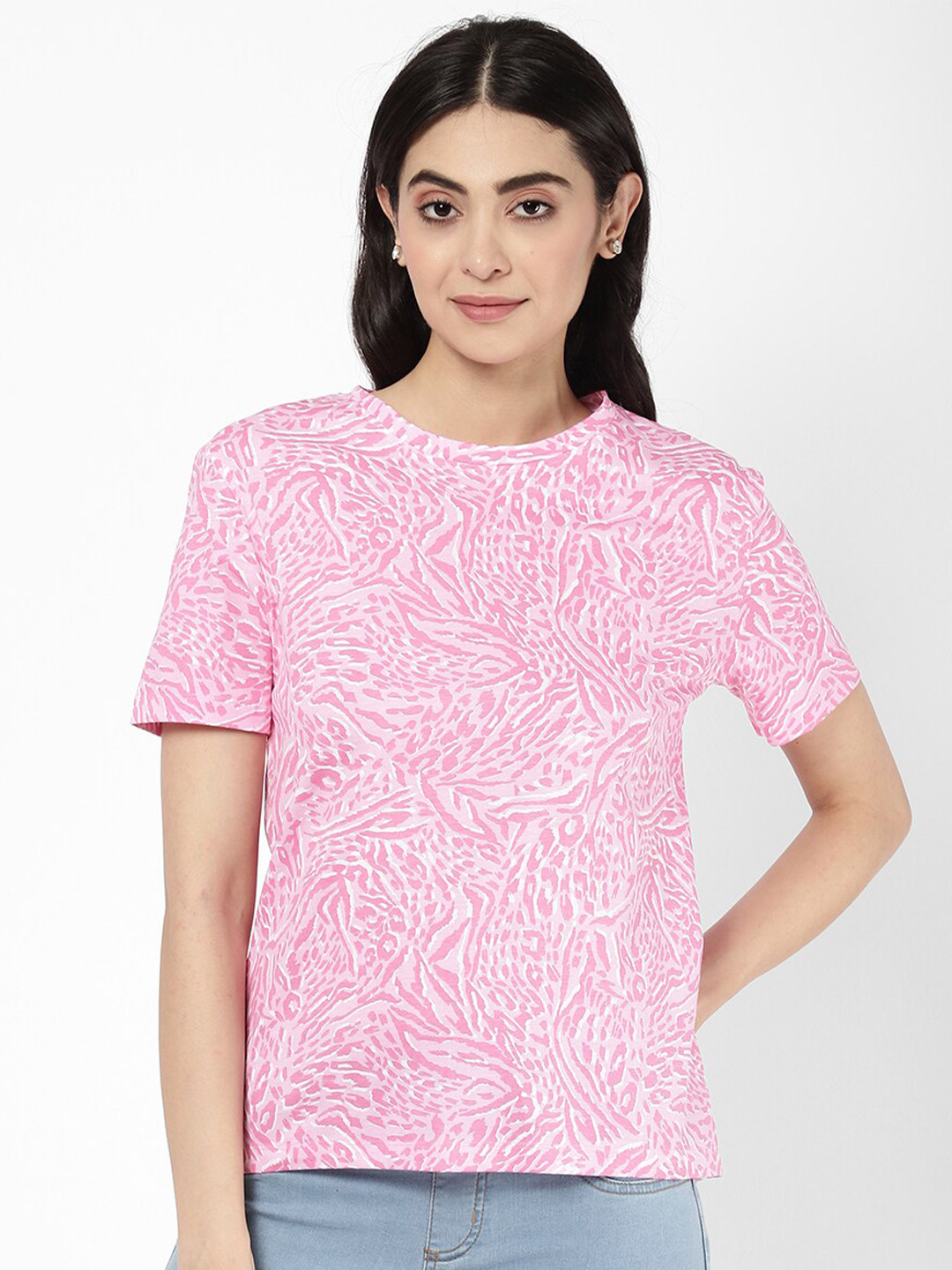 

R&B Short Sleeves Abstract Printed Cotton Top, Pink