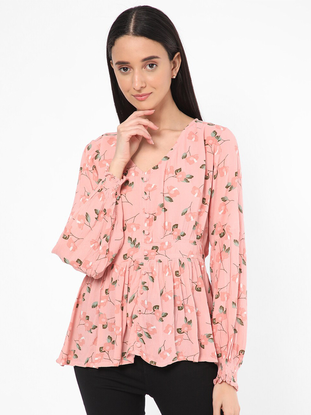 

R&B Floral Print Cinched Waist Top, Pink