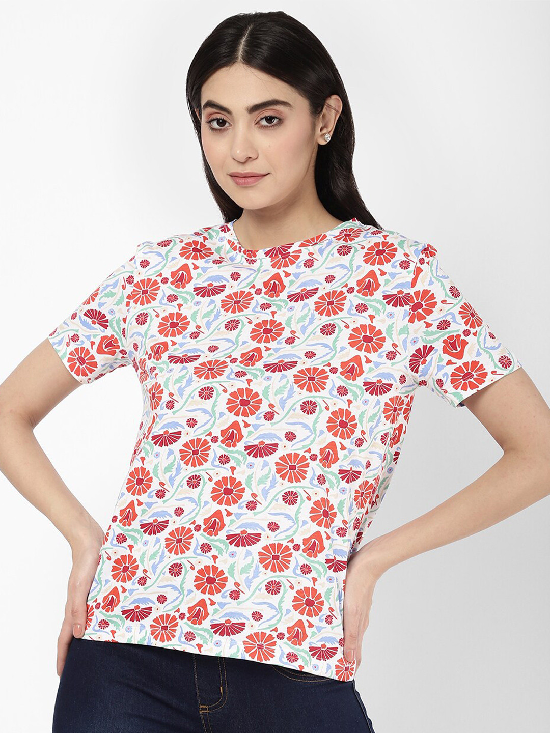 

R&B Floral Print Round Neck Cotton Top, White