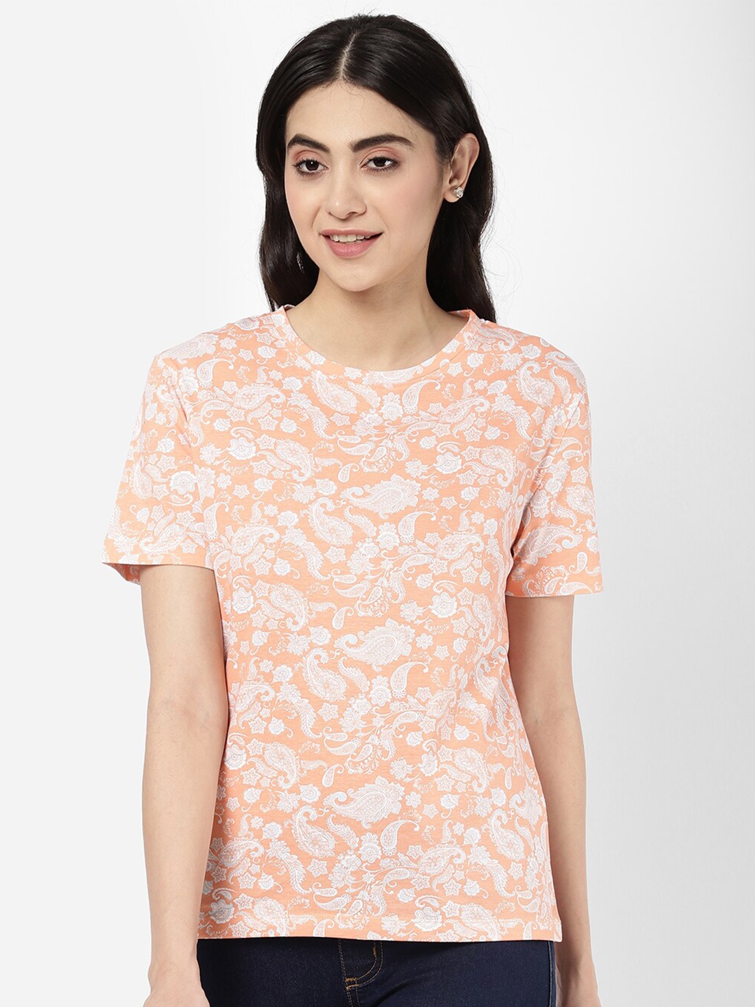 

R&B Short Sleeves Ethnic Motifs Printed Cotton Top, Peach