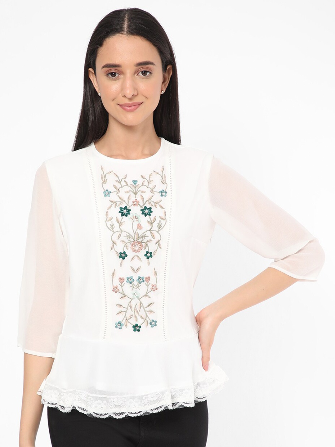 

R&B Floral Embroidered Top, White