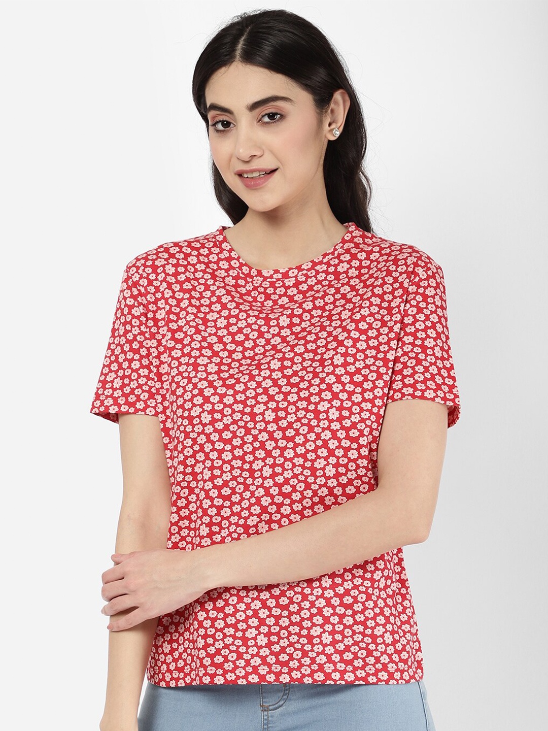 

R&B Round Neck Floral Printed Cotton Top, Red