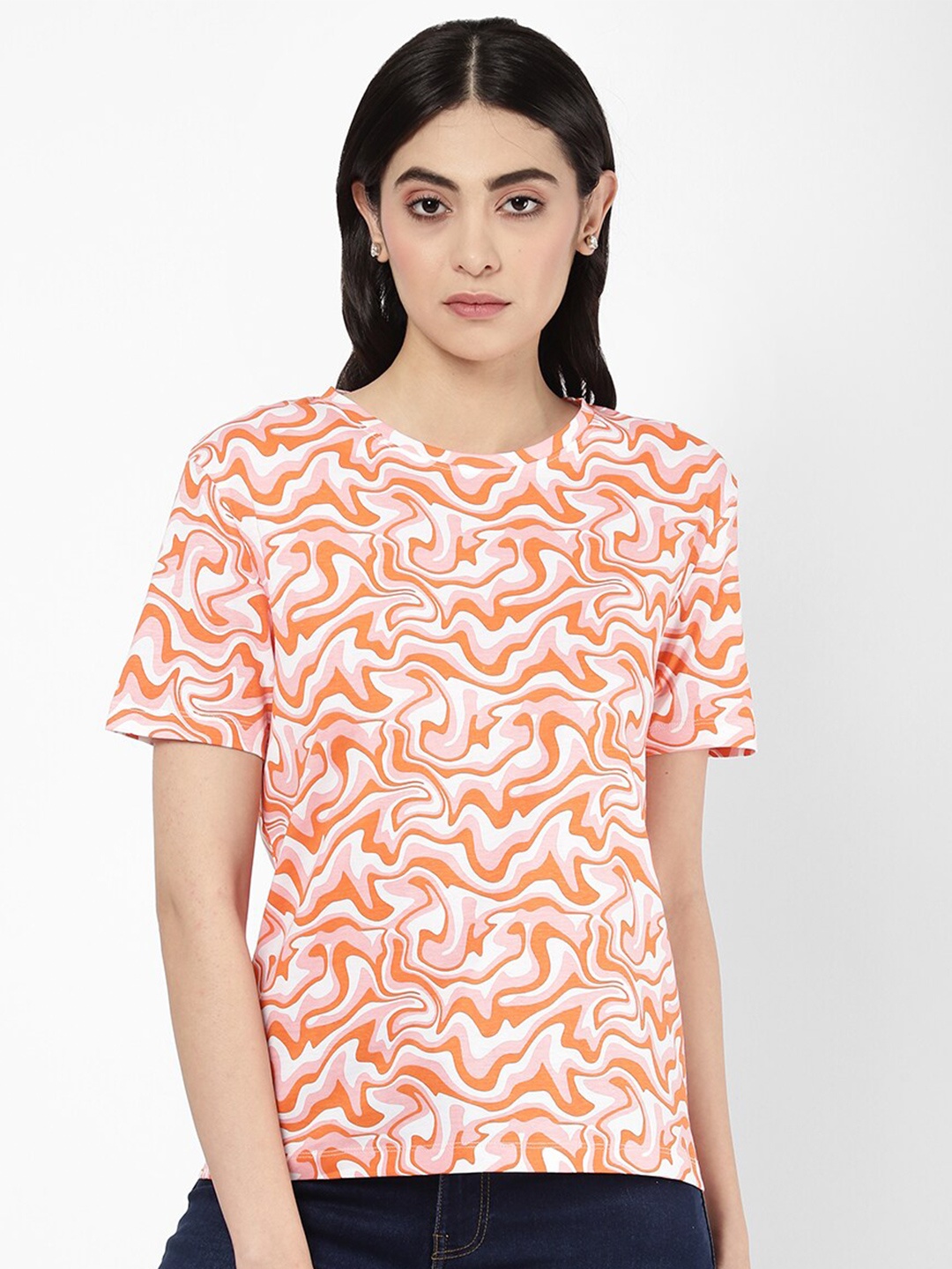 

R&B Short Sleeves Abstract Printed Cotton Top, Orange