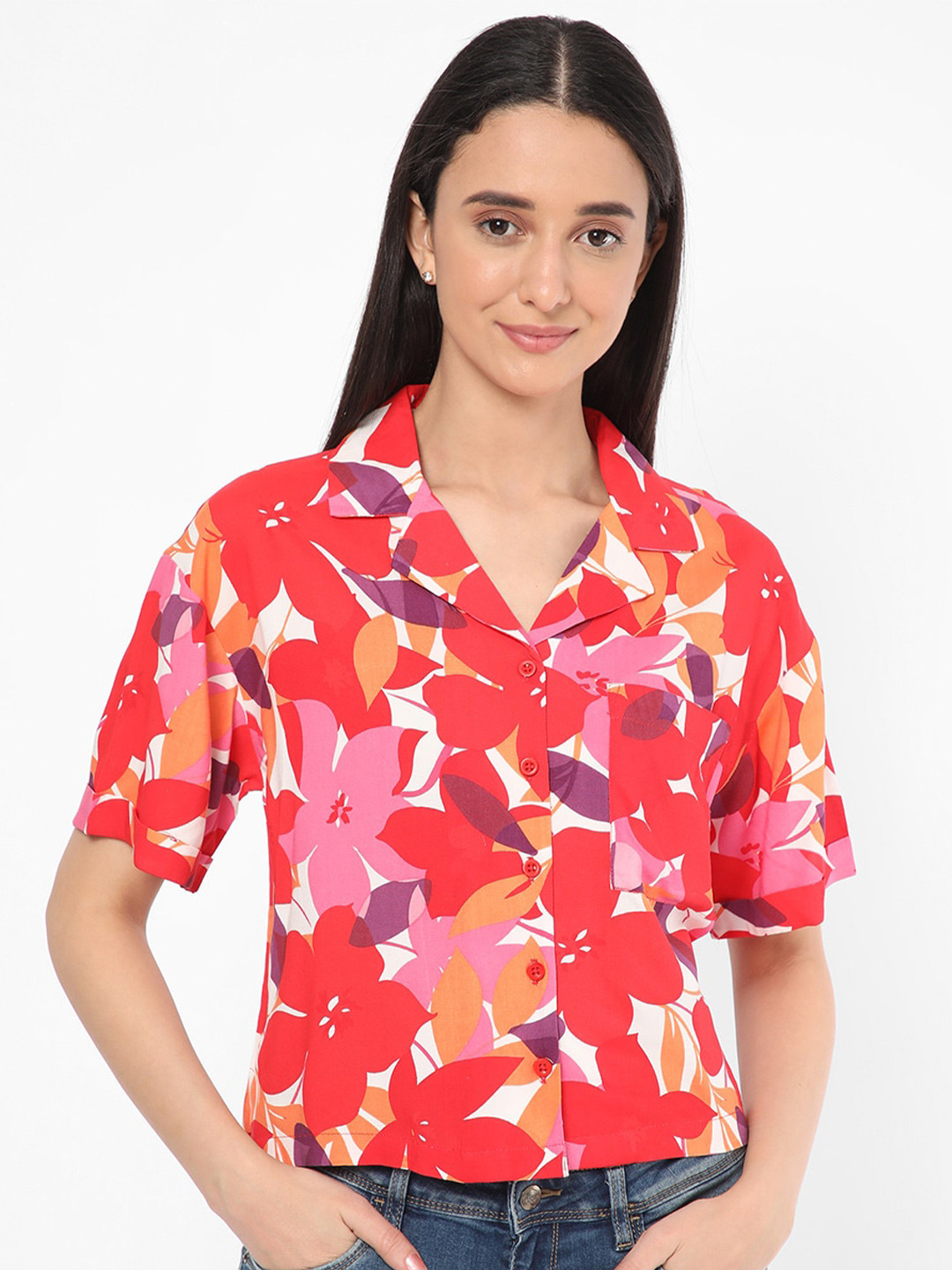

R&B Floral Printed Shirt Style Top, Red