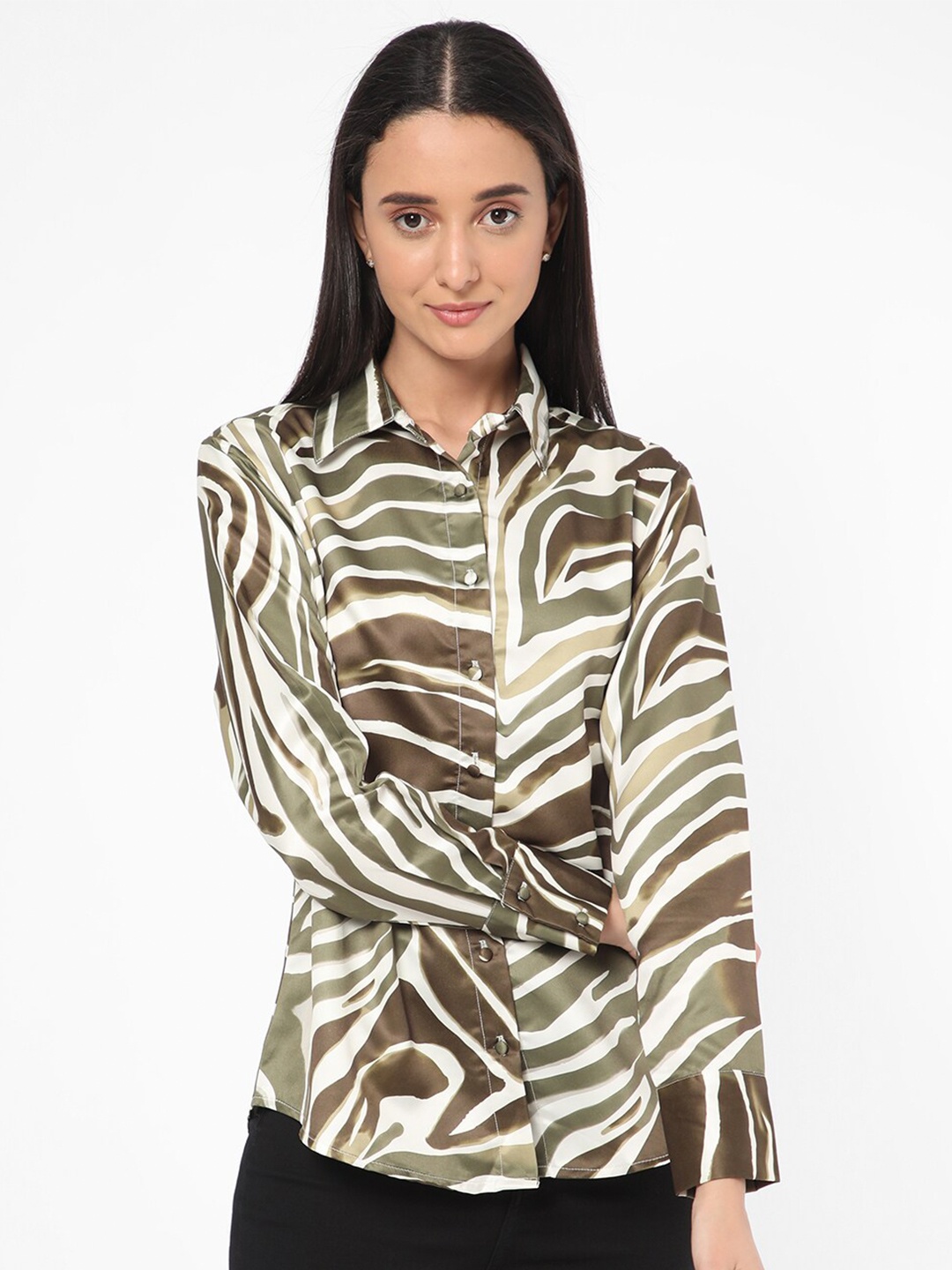

R&B Cuffed Hem Abstract Printed Shirt Style Top, Olive