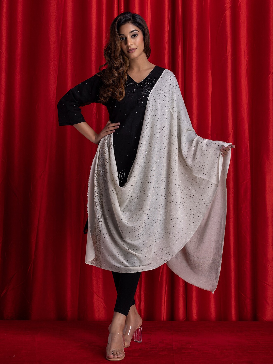 

Geroo Jaipur Stones Embellished Woolen Shawl, Off white